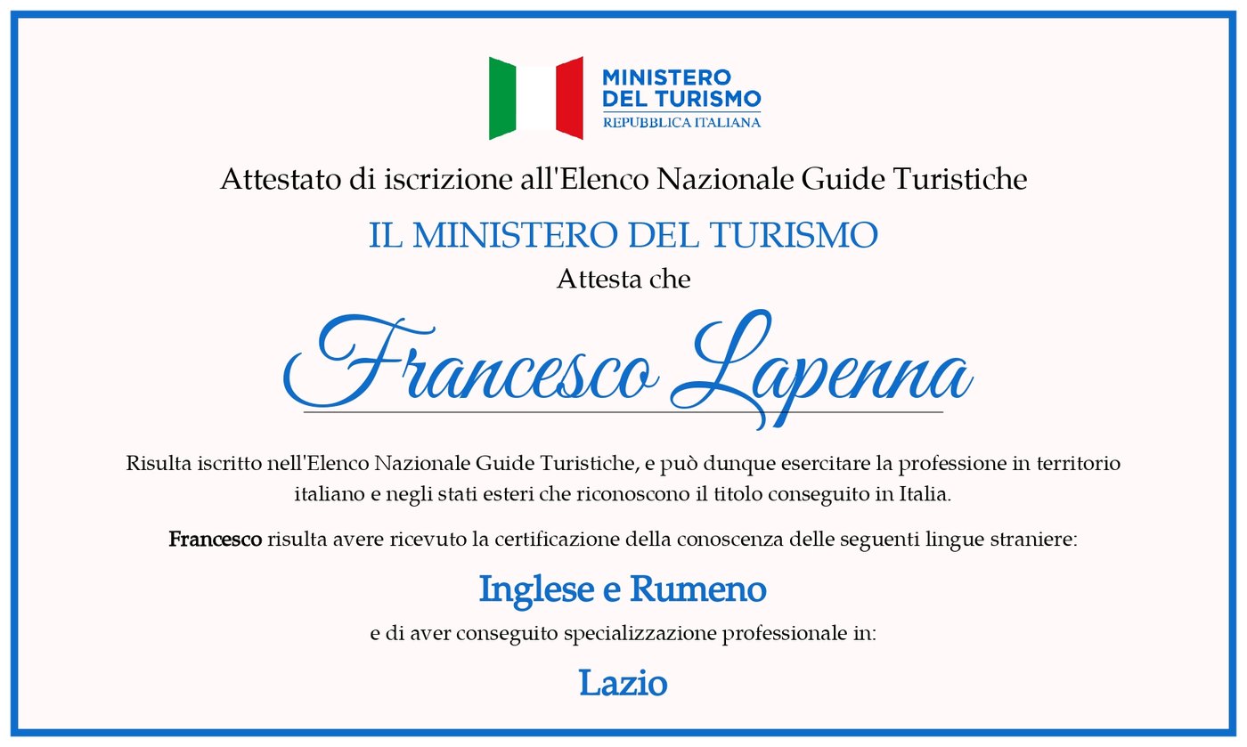 Certificate of entry in the Italian national register of tour guides, issued by the Ministry of Tourism to Francesco Lapenna