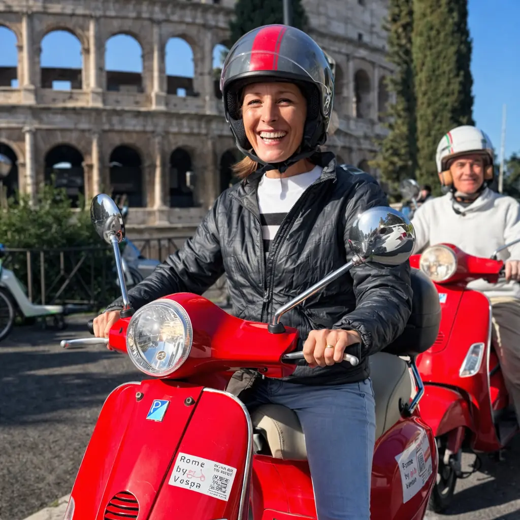 A guest smiling at the handlebars of a red Vespa at the Colosseum
