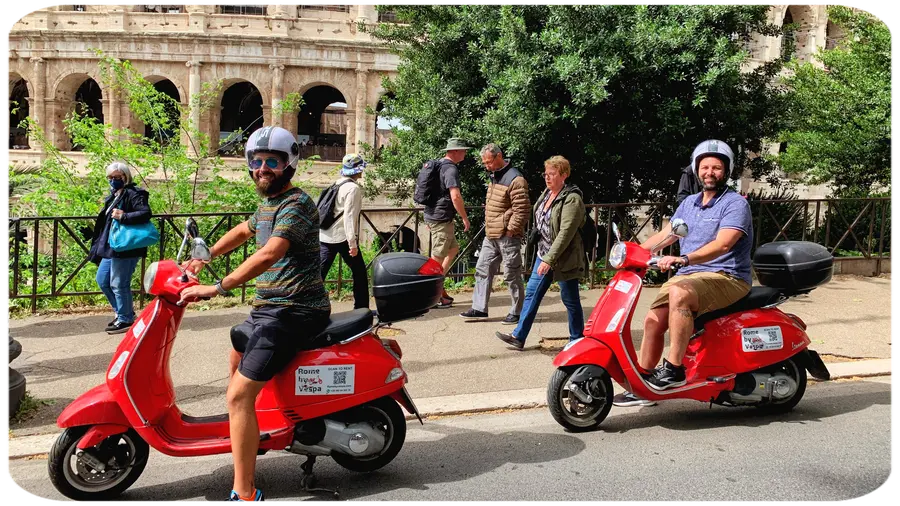 Person riding a Vespa scooter in Rome city streets Person riding a Vespa scooter in Rome city streets